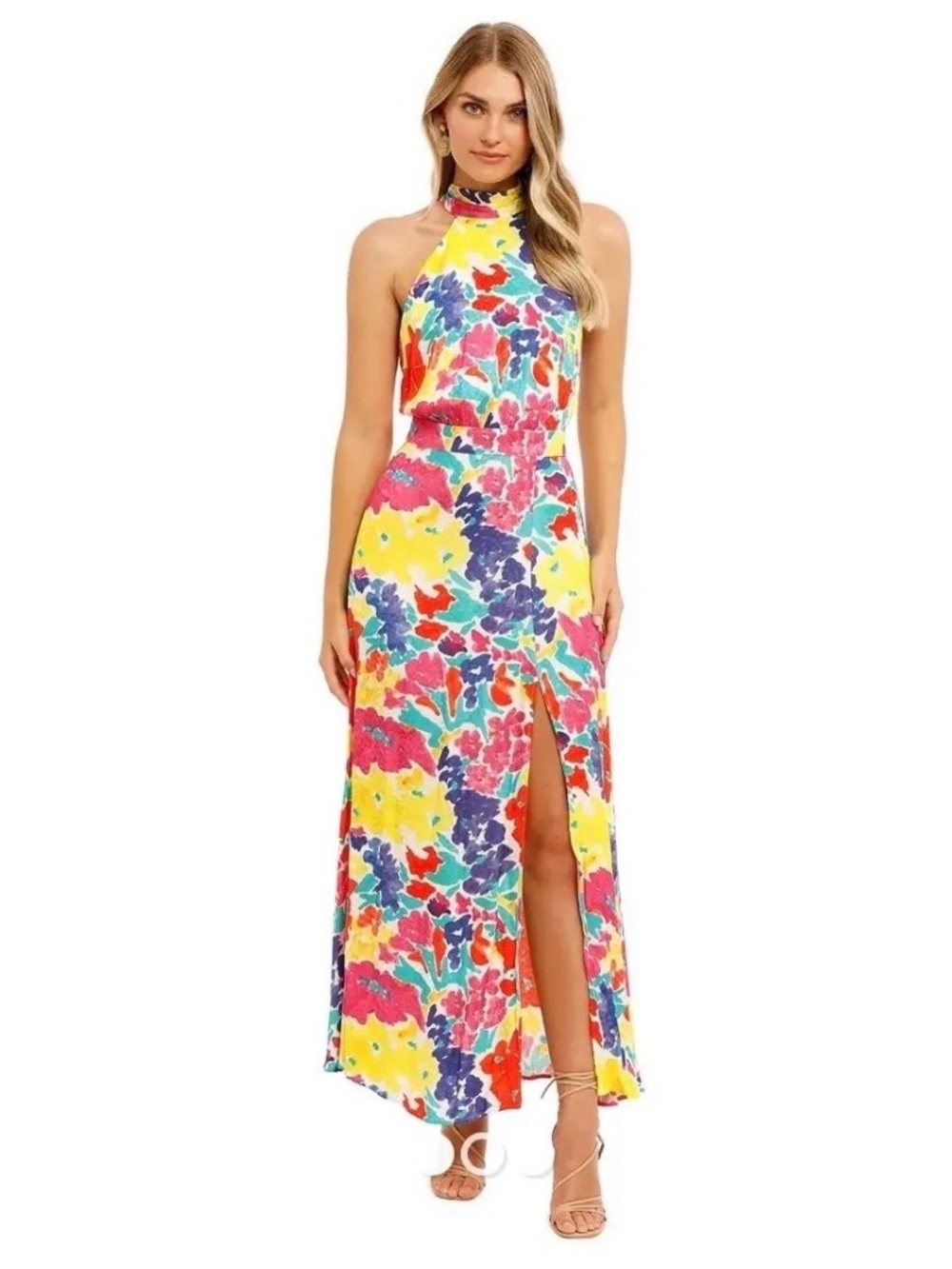 High-Neck Floral High-Low Maxi Dress in Multi-Color